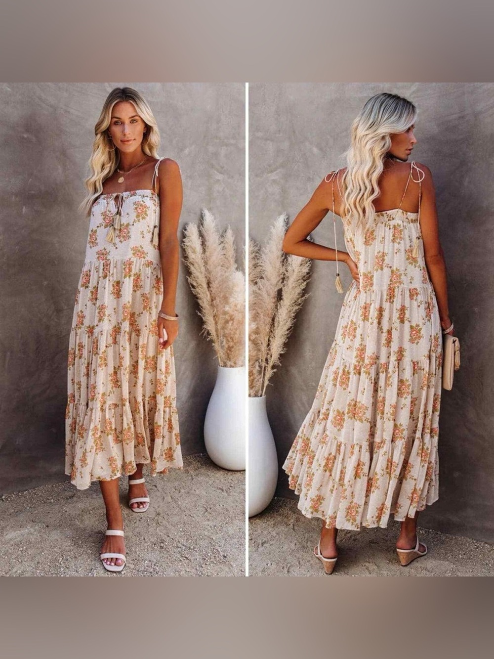 Storia Cream Maxi Dress with Peach/Cream Floral Print, Size S
